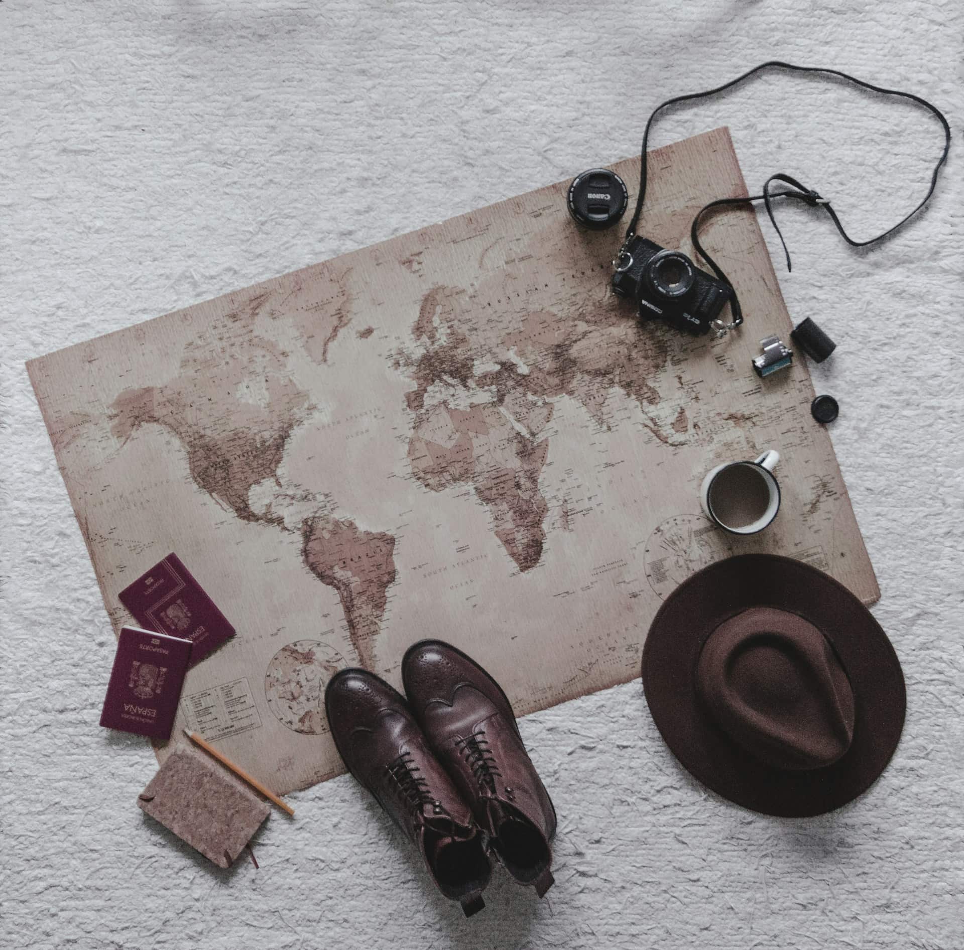 Items on the floor around a world map